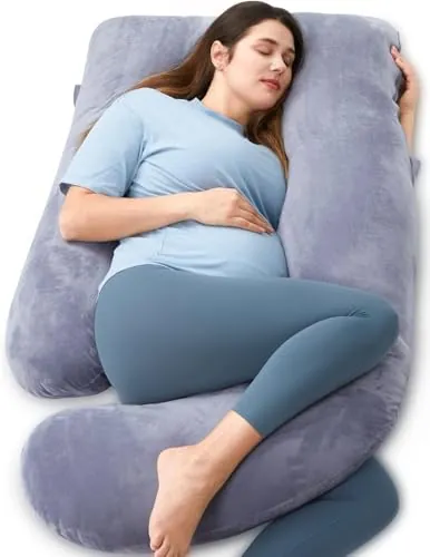 momcozy Almohada para Embarazadas en Forma de U – Cojín Embarazada de Cuerpo Completo con Funda Extraíble, Apoyo para Espalda, Piernas, Vientre y Caderas – Almohada Embarazo 145 cm, Gris