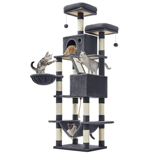 Feandrea Rascador para Gatos Grandes, 206 cm de Altura, Multinivel | Árbol, 13 Postes, 2 Plataformas, 2 Cuevas, Cesta, Hamaca, 2 Pompones, Gris Oscuro, Colección CLAWFY PCT190G01