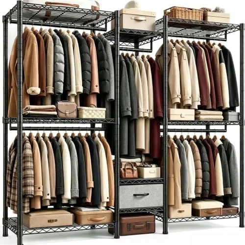 Klyvvo Burro ropa resistente, Armarios dormitorio metálico con 8 estantes regulables en altura, 5 barras para ropa y 1 cajón, 550 KG de carga, Perchero burro ropa, 189x45x194,5 cm, Negro