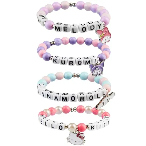 Hello Kitty Sanrio Set Pulseras Niña 4 Piezas Cinnamoroll Kuromi Kawaii Charm de Cuentas Elásticas Anime Pulsera Amistad (Multi)