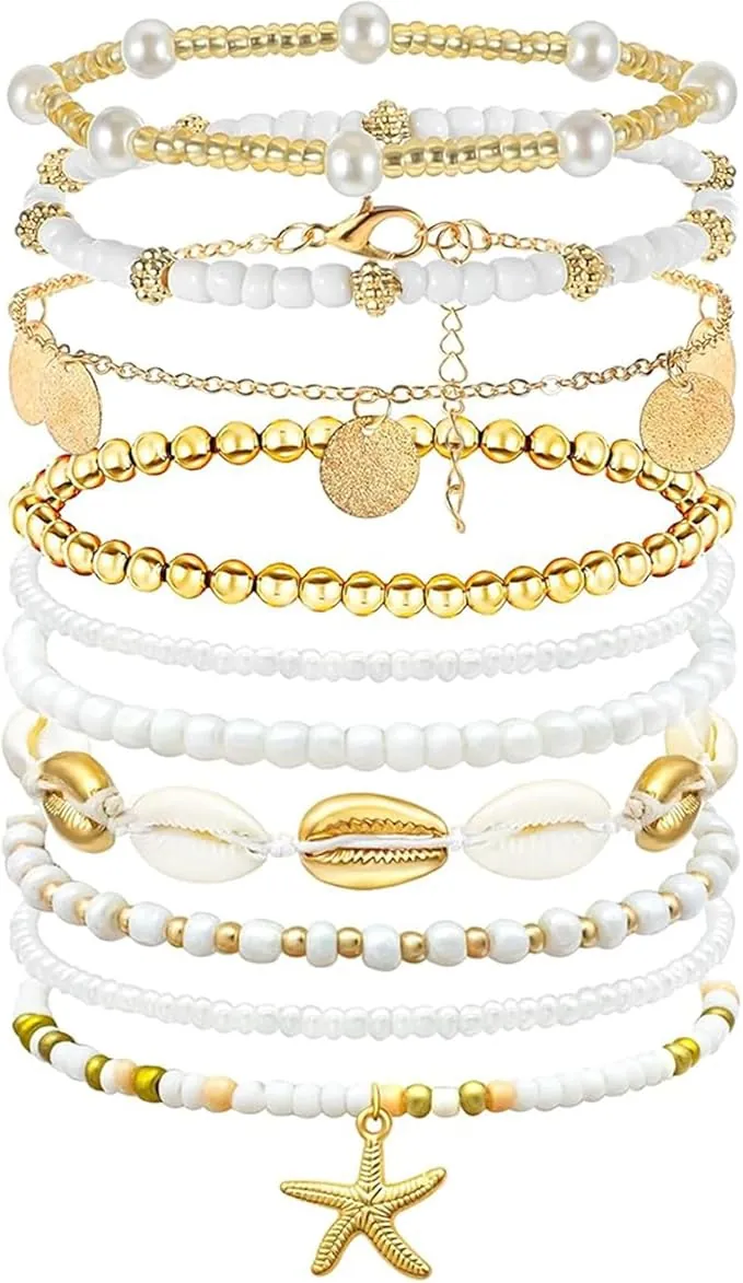 JSTHHTT Tobillera Pulsera Mujer, 9 pcs Tobillera Conchas para Mujer, Bohemia Pulseras Tobilleras Mujer, Tobilleras Pulseras Elegantes y Atractivas, Estilo Boho Dorado, para Mujeres Adolescentes Niñas