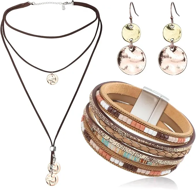 MWOOT Juegos de Joyas Bohemia para Mujeres, Pulseras de Cuero Bohemio Multicapa, Vintage Collar de Cuero en Capas con Colgante, Boho Pendientes Colgantes de Disco