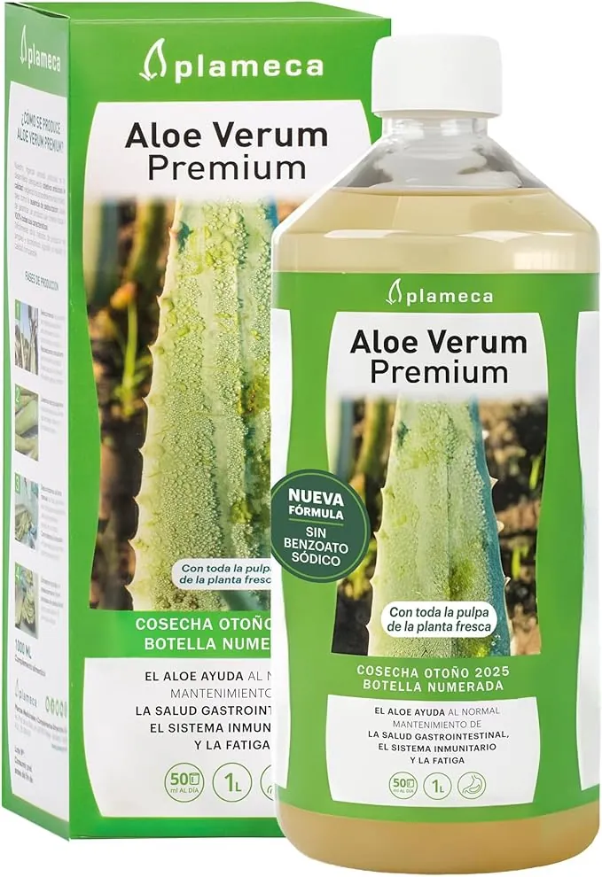 PLAMECA Aloe Verum Premium, Salud Gastrointestinal, Sistema Inmunitario y Situaciones de Fatiga, Jugo puro Aloe Vera con Pulpa y Sin Aloína, 1L