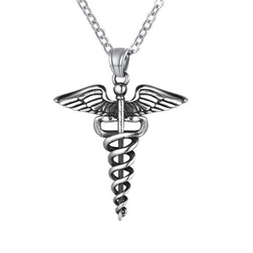 Bandmax Caduceo Serpiente en Colgante Chapa con Cruz Roja Emergencia Sanitaria, Puede Poner Enfermedad Nombre Domicilio Personalizable (01. Color Platino, Acero inoxidable)