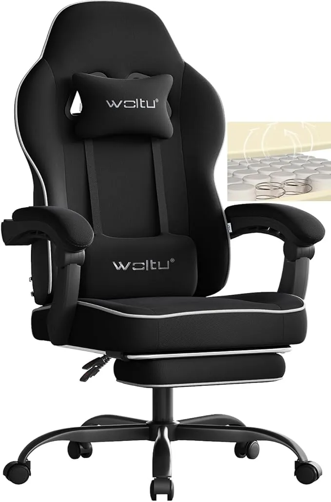 WOLTU Silla Gaming Ergonómica, Silla Oficina con Reposabrazos y Soporte Lumbar, para Escritorio, Oficina y Estudio, Asiento Elastico, Estructura Metal, Tela de Malla, Negro, GS11sz
