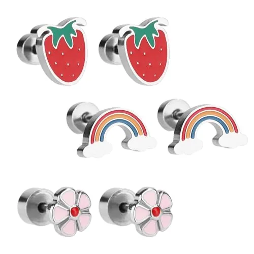 3 Pares Pendientes Pequeños de Fresa para Orejas Sensibles con Rosca - Acero Quirúrgico Arco Iris y Flor para Niñas y Niños Pequeños