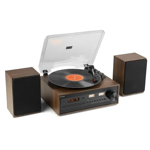 Audizio Boston - Tocadiscos Retro HiFi con Bluetooth, CD MP3, USB, Radio Dab+, Altavoces estéreo, Entrada AUX, Salida Auriculares, 3 velocidades, Mando a Distancia y vúmetros iluminados