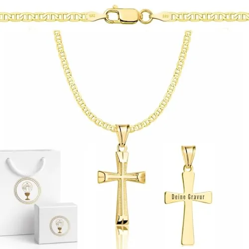 ZELYA Cadena de oro con cruz/medalla - cadena tanque chapada en oro 925/585 de 14K para niñas y niños – 45-60 cm Cadena de Comunión con cruz, cadena para niños para Comunión y Bautizo, caja de regalo
