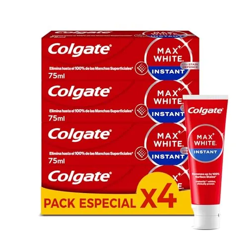 Colgate Max White Instant Pasta de dientes 4 x 75ml | elimina 100% manchas superficiales, tecnología corrección color óptica blanquea al instante, segura para el esmalte
