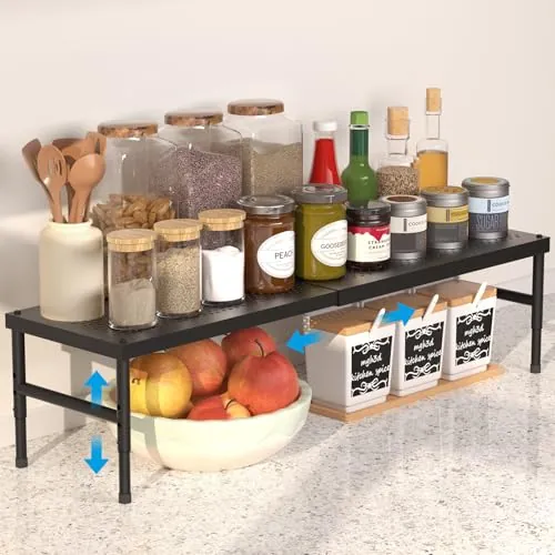 HI NINGER Estante Cocina Extensible 42–72 cm, Ajustable y Apilable Negro | Estante organizador para armario, encimera y despensa, ideal para especias, vajilla y accesorios de cocina, sin taladrar.