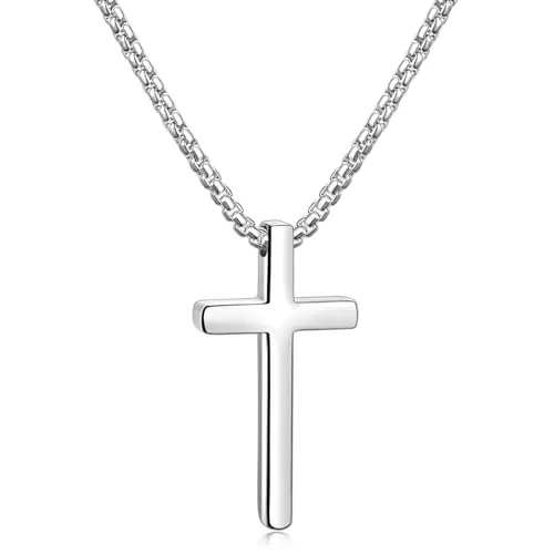 Hshenjhu Collar Cruz, Colgante Cruz Cadena Acero Inoxidable, Cadena Collar para Hombre Mujer 55 cm, Crucifijo Colgante para Cristianos Católicos Comunión Religiosa, Bautismo, Misa, Biblia, Plata