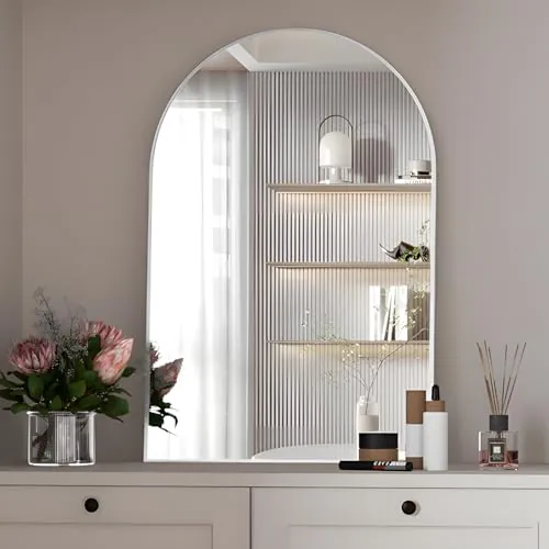 NEUWEABY Espejo de Pared arqueado para baño, 50 x 75 cm Plata Espejo de Pared arqueado con Marco de Metal, Espejo de cortesía Decorativo para Chimenea, Dormitorio, Entrada, salón