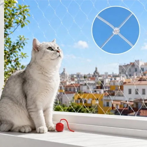 Red para gatos transparente 10 × 3 m，fácil de instalar，Juguete incluido | Recortable，Diámetro de la malla 2.5 cm，Resistente y duradero, apto para ventanas, balcones, escaleras y terrazas.