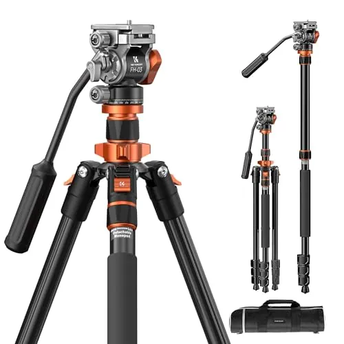 K&F CONCEPT Trípode Camera 200cm Trípode de Vídeo Compacto con Cabeza Fluida, para Viajar Capacidad de Carga 5kg, Monopie Aluminio Desmontable