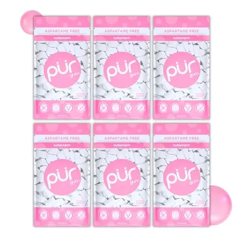 PUR Gum | Chicle Sin Azúcar | Con Xilitol | Vegano, Sin Aspartamo y Sin Gluten | Chicle Natural Con Sabor a Bubblegum, 55 Piezas (Paquete de 6)