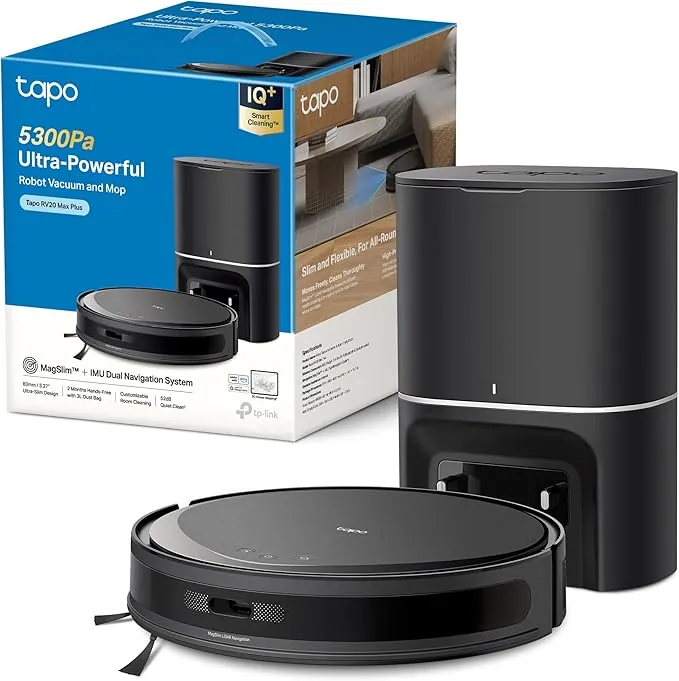 Tapo RV20 MAX Plus – Robot Aspirador y friegasuelos 4 en 1, succión de 5300 Pa, Vaciado automático de 3 L, navegación LiDAR+IMU, Limpieza Inteligente IQ+, Limpieza Personalizable, Control aplicación