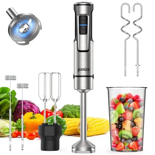 Ganiza Batidora de Mano Eléctrica 5 en 1 de 1200 W, Potente Batidora con Control de Velocidad y Botón Turbo, Multifunción Picadora con Doble Espumador de Leche, para Preparar Salsas y Batidos