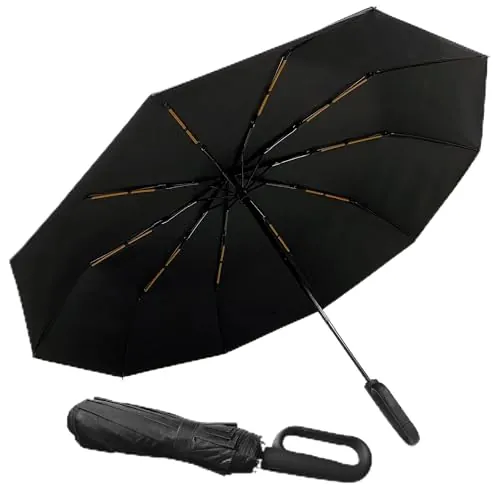 IH IKRAMHOUSE Paraguas Plegable Invertido Compacto Antiviento Grande Negro Automático Reforzado y Resistente al viento – Mango con Hebilla multifuncional – para Hombre y Mujer