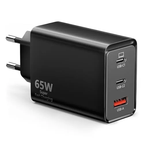 Cargador USB C 65W 3-en-1 sccvee, 2 puertos USB C + 1 USB A, PD+QC, compatible con MacBook Pro/Air/iPad/iPhone 12/13/14/15/16 Pro Max/Samsung Galaxy S22/S23/S24/Tablet/Laptop