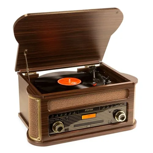 Fenton Memphis Giradiscos Vintage Madera Oscura, tracción Correa, Reproductor de Cassettes y CD, Altavoces incorporados, Radio Dab+/FM, Bluetooth, Aguja cerámica, Salida RCA, autostop