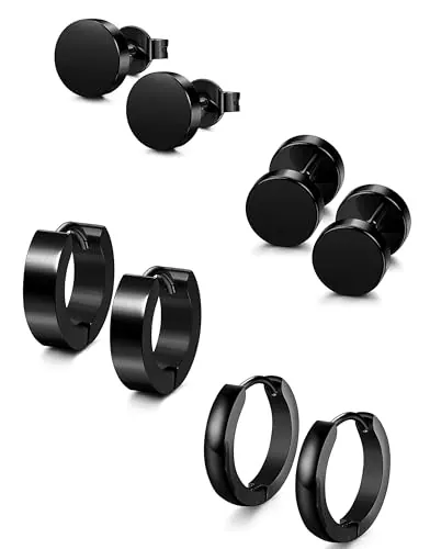 YADOCA 4 Pares Pendientes Hombre Negro Acero Inoxidable Hipoalergénico Pendientes de Aros Piercing Oreja Set para Hombres Mujeres