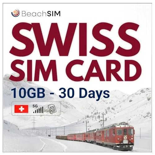 BeachSIM Tarjeta SIM Suiza 30 días. 10GB de Datos con Velocidad 4G/5G. Solo Datos prepagados. Activación rápida. Recarga fácil.