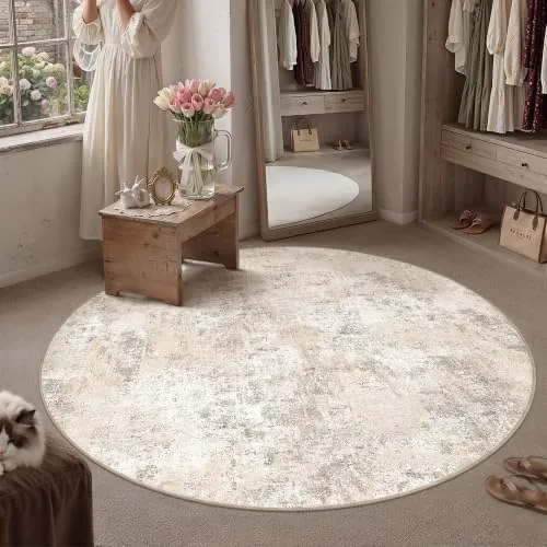 PureCozy Alfombra redonda para salón, 120 cm, color beige, lavable | Alfombra redonda lavable, antideslizante, abstracta, moderna, para sala de estar, dormitorio, cocina, pasillo, pelo corto