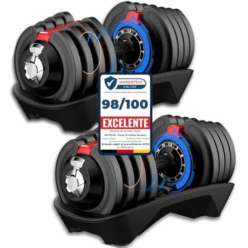 DH FitLife Mancuernas Ajustables 18kg con Base de Almacenamiento, Juego de Pesas Compactas 12 en 1 para Culturismo y Entrenamiento - Diseño Ahorra Espacio, para Hombre y Mujer