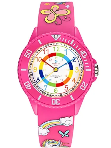 Alienwork Unicornio Chica Reloj de Aprendizaje Infantil Niña Rosa Pulsera de Silicona Abigarrado niños Impermeable 5 ATM Tiempo de Aprender