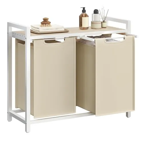 VASAGLE Cesto para Ropa Sucia, Cesta Colada, 2 Bolsas de Tela Oxford Extraíble y Desmontable, Estante, Marco Metálico, 2 x 46 L, 73 x 33 x 72 cm, Beige Capuchino y Beige Natural BLH201LH01