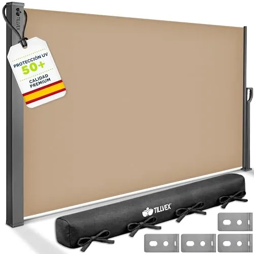 tillvex® Toldo Lateral 200 x 400 cm Extensible y Opaco con Cubierta | Protección Visual para balcón, jardín y terraza | Estor Lateral con Soporte de Pared | Protección Solar de Acero Inoxidable