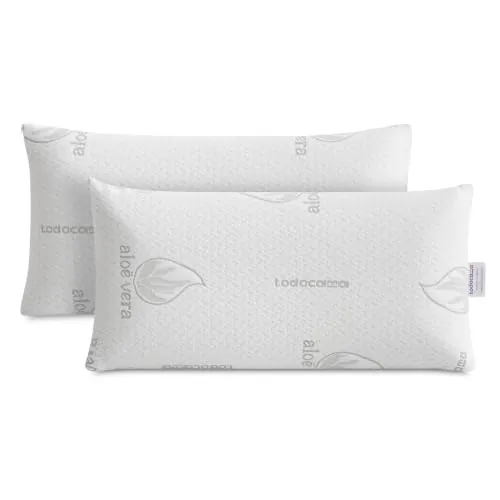 Todocama Almohada Viscoelástica Aloe Vera (Pack 2 Unidades 75 cm), Núcleo Compacto Viscoelástico para Cervicales y Cuello, Firmeza Media-Alta, Doble Funda con Cremallera.