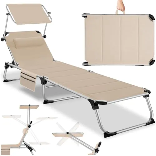 tectake® Tumbona Jardín Exterior de Aluminio, Tumbona Plegable con Reposacabezas, Parasol y Bolsillo Lateral, Playa Reclinable en 6 Posiciones, Resistente a Intemperie - Beige