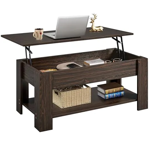 Yaheetech Mesa Centro Elevable con Estante Mesa Café con Revistero Mesita Baja de Moderno Grande para Salón 120 x 59 x 49,5 cm Espresso