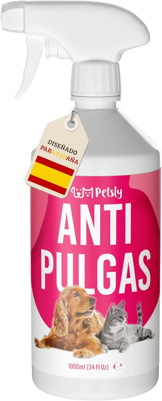 Petsly® Spray Antipulgas para Perros y Gatos - 1L - No Mancha - Antiparasitario Perros con Geraniol - Tratamiento Anti Pulgas, Garrapatas y Ácaros para el Hogar, Muebles y Textiles - Antipulgas Gatos