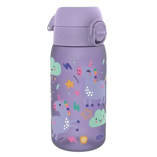ion8 Botella de Agua para Niños, 350ml, a Prueba de Fugas, Fácil de Abrir, Cerradura Segura, Apta para Lavavajillas, Sin BPA, Asa de Transporte, Fácil de Limpiar, Unicornios, Púrpura