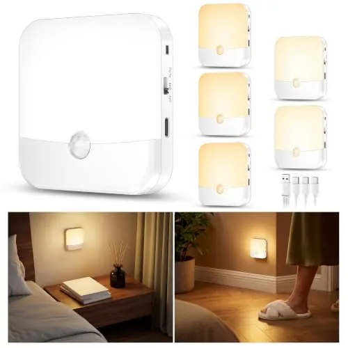 6 Piezas de Luces Nocturnas Recargables con Sensor de Movimiento, 3 colores de luz + regulables, luces LED inalámbricas para escaleras, dormitorios, pasillos, habitaciones infantiles y armarios