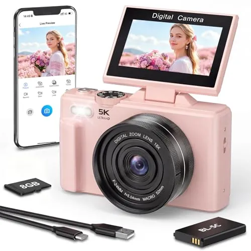 Cámara Digital 5K Vlogging con WiFi, Pantalla Abatible para Seflies Rosa