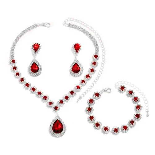 FDEETY Juego de Joyas para Mujer Elegancia Brillante - Diamantes de Imitación Incluye Collar, Pulseras y Pendientes para Boda, Baile de Graduación y Fiesta (Rojo)