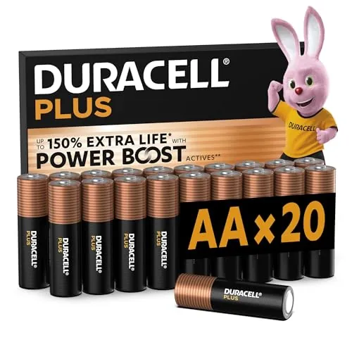 DURACELL Plus Pilas AA (Paquete de 20) – Pilas alcalinas 1,5 V – Hasta un 150 % de duración extra con activos POWER BOOST–Fiabilidad para dispositivos cotidianos–Envase con 0 % de plástico–MN1500