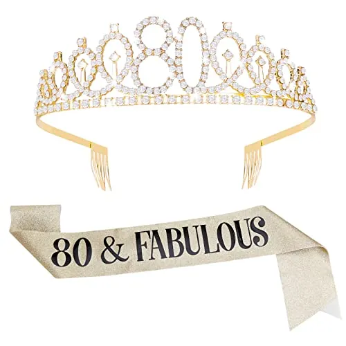 ASTER - Juego de 80 cumpleaños con bufanda y tiara de oro rosa 80 y hermosa bufanda y corona de diamantes de imitación, regalo de cumpleaños para mujer Happy 80th Party Decoraciones