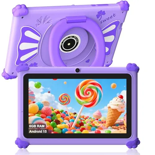 ascrecem Tablet Niños 7 Pulgadas Android 15 Tablet para Niños con 2.4G+5G WiFi6 Penta Core 6GB RAM 32GB ROM Tableta Infantil Doble Cámara 128GB Expandible Control Parental Juegos Educativos (Morado)
