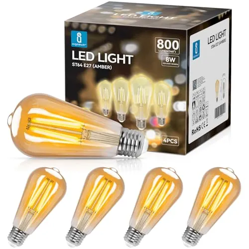 Aigostar ST64 Bombilla Edison Estilo Vintage. Bombilla Led E27 (Casquillo Gordo, 8W (Equivalente A 60W), Bombilla De Filamento Blanco Cálido (2200K). Ángulo De Haz 360º. No Regulable. Pack 4 Uds