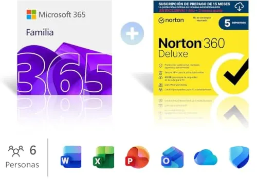 Microsoft 365 Familia│12 meses│6 personas│ Hasta 6 TB de almacenamiento Onedrive│Apps Office con IA + Norton 360 Deluxe│5 Dispositivos│15 meses│Suscripción con renovación automática