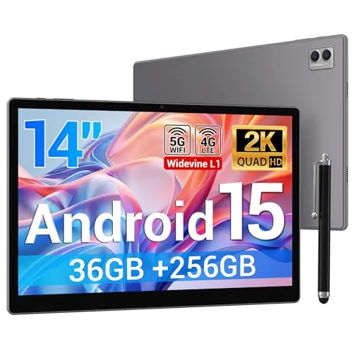 BEYNIVAN Tablet 14 Pulgadas Android 15 Tableta con 4G LTE y 5G WiFi,11580mAh y 20W,36GB RAM+256GB ROM/2000 * 1200 FHD/Face ID/GPS/BT 5.0/TÜV/USB-C,Tablet con Lapiz,Gris
