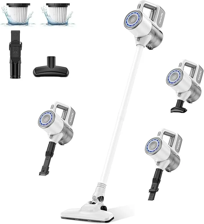 VersLife S6 Aspiradora Escoba sin Cable 2 en 1 con Tubo de Extensión, Multifuncional, Múltiples Boquillas, Carga por USB Tipo C, Filtro HEPA, Múltiple Filtración, para Suelos de Madera/Sofás/Coche