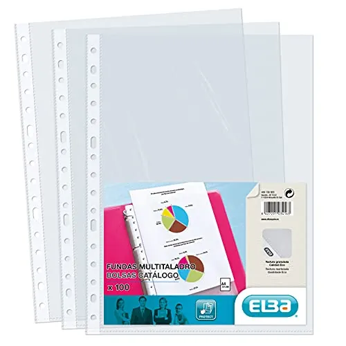Elba, Fundas Plástico A4 Transparente, 100 Unidades, Multitaladro, Polipropileno Piel de Naranja 70μ
