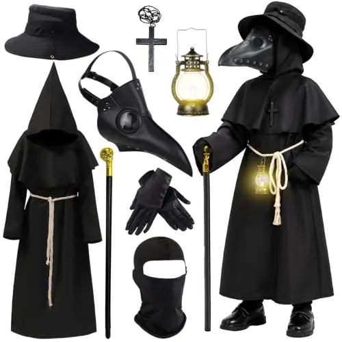 Akosuntoys Disfraz Halloween Niño, Disfraces de Médico de la Peste para Niño con Máscara Capa Capucha Linterna y Bastón – Traje Halloween Disfraz Medieval para Juegos de Rol Cosplay (130cm)