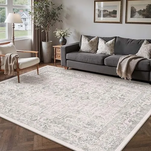 HUGEAR Alfombra Salon Gris Antideslizante Alfombras Lavables en Lavadora Tapetes para Sala 150x210cm Habitacion Dormitorio Comedor Flor Vintage Grande Tapete Pelo Corto tapete Quarto