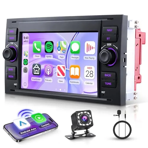 VECHTEL Radio de Coche para Ford Focus Fiesta C/S-MAX Transit Galaxy Mondeo Connect Kuga, 7 Pulgada IPS Pantalla Táctil Autoradio con Carplay Android Auto Inalámbrico Bluetooth Radio FM/Am/RDS Cámara